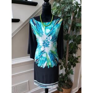 Fenn Wright Manson Shift Dress Women's 14 Multi Floral Stretch Bell Split Sleeve